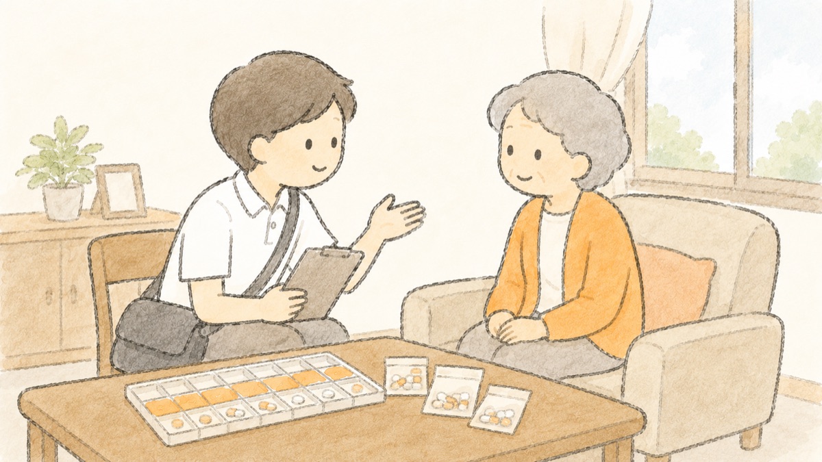 自宅の居間で、薬剤師が同じ目線で話しているところ